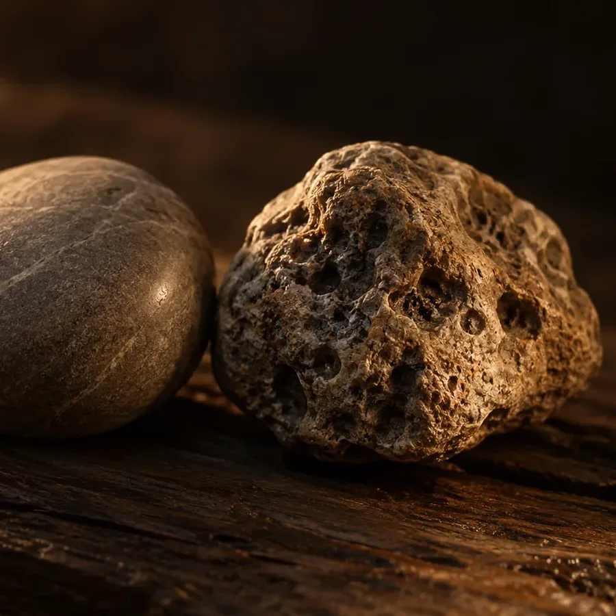 A smooth pebble beside a rough, pitted stone
